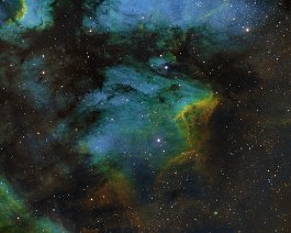 Pelican Nebula SHO Individual subframe images were taken from September 20 - October 5, 2020. Equipment used includes an Astro-Tech AT72EDII refractor and an ZWO ASI1600MM Pro...